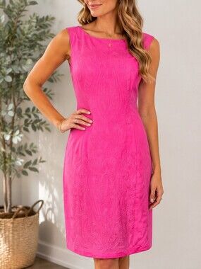 Vintage Y2K Barbie Pink Donna Morgan Linen Blend Sheath Dress Embroidered 2P
